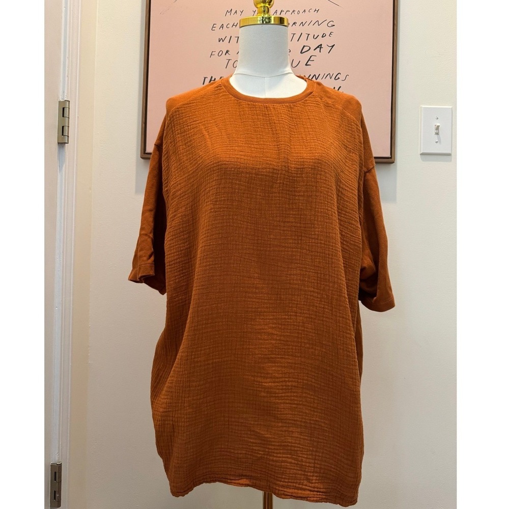 Zara Oversized Textured Tee XL Burnt‎ Orange Gauze Cotton Top Short Sleeve